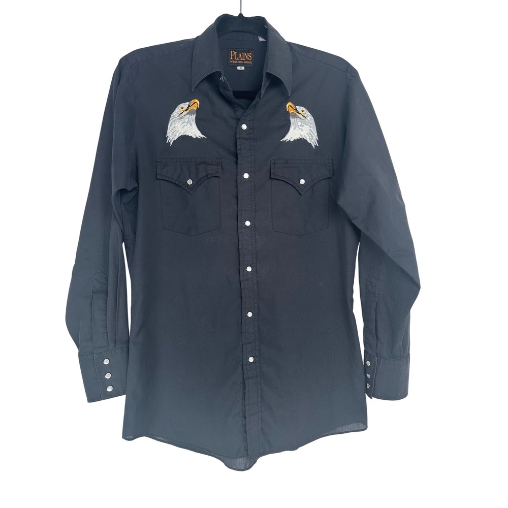 Vintage Mens Small Black Pearl Snap Eagle Embroidered Shirt Cowboy Western Rodeo